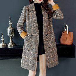 Women Medium Long Retro Woolen Coat Fashion Plaid Vintage Winter Warm Long Sleeve Button Woolen Jacket Coat chamarras de mujer