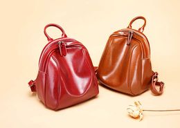 Designer-Spring and Summer Leather Women's Bag Leisure Simple Shoulder Bag Lady Oil Wax Cowskin Backpack Travel School Style