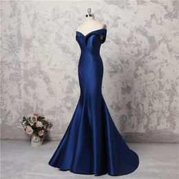 Simple Mermaid Prom Dresses Off The Shoulder Capped Satin Real Images Evening Gowns Lace Up Back Custom Made Long Bridesmaid Dress