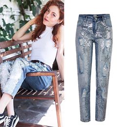 Retro Blue Metallic Embroidered Beads Loose Denim Ladies Pants Straight Washed Holes Mid-waist Jeans for Women