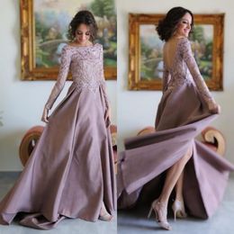 Backless A Line Prom Dresses Long Sleeve Scoop Beads Appliques Satin Party Gowns Sweep Train Special Occasion Dresses