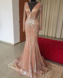 Gold Evening Sparkly 2020 Dresses Long Sleeves Mermaid V Neck Sequins Custom Made Floor Length Simple Prom Gown Formal Ocn Wear