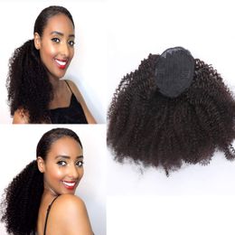 Afro Kinkys Curly Human Hair Ponytail Kinky Curly Clip in Top Closure Drawstring Hair Ponytail Extensions Natural Black 120grams (16inch)