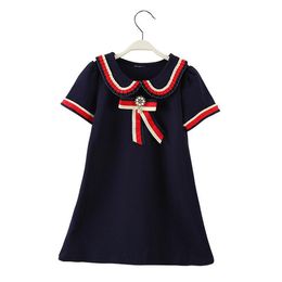 fashion brand new girl short sleeve dress 100 cotton luxury children collar dress for summer kid hot selling knitting skirt