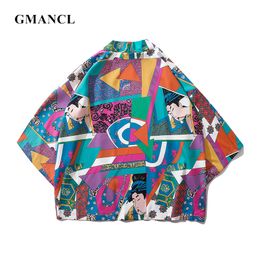 GMANCL Men Japanese Style geisha Geometric printed Cardigan Kimono Jackets Fashion Streetwear Hip Hop Male coat Outerwear