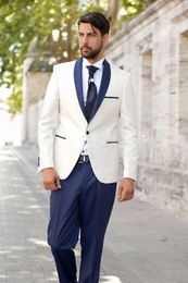 High Quality One Button Ivory Groom Tuxedos Shawl Lapel Groomsmen Mens Suits Wedding/Prom/Dinner Blazer (Jacket+Pants+Tie) K399