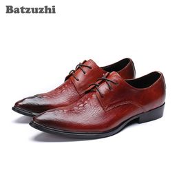 Batzuzhi Italian Style Pointed Toe Men Genuine Leather Shoes Lace-up Brown Formal Leather Dress Shoes Wedding Zapatos Hombre