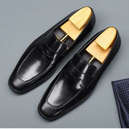 Plus Size 48 Genuine Leather Men's Handmade Loafers Square Toe Slip on Heeled Man Formal Dress Daily Penny Shoes BQL270