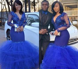 Royal Blue V Neck Prom Dresses South African Black Girls Formal Pageant Holidays Wear Graduation Evening Party Gowns Custom Made Plus Size