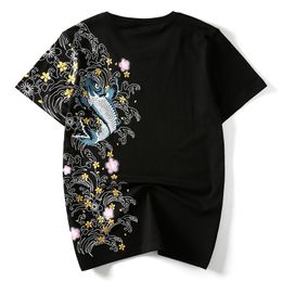 HZIJUE Men T Shirts embroidery fish Top Brand Clothing Chinese Japanese Style T-shirts For Man Tees Streetwear Cotton Plus Size