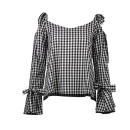 Long Sleeve T Shirt Women Plaid Off The Shoulder Tops for Women T-Shirts Flare Sleeve Lace Up Bow T-Shirt Women Tops Female Trend