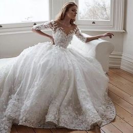 Custom Made Half Sleeve Princess Fluffy Long Train Tulle Lace Flowers Appliques Luxury Vintage Wedding Dresses 2020 Bridal Gown