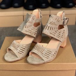 Women High Heels Rhinestones Crystals Sandal Peep-toe Leather Shoes Fashion Hollow out Sandals Summer Chunky Shoe With Zipper Good Quality