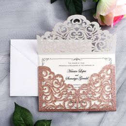 2020 Gorgeous Rose Gold Glitter Laser Cut Invitations Cards For Wedding Bridal Shower Engagement Birthday Graduation Invites