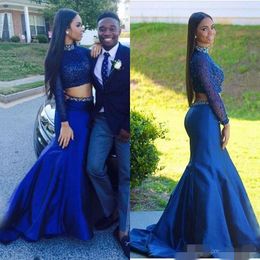 Blue Two Royal Piece Prom Dresses Long Sleeves Beaded High Neck Satin Mermaid Sweep Train Crystal Custom Made Formal Evening Gown