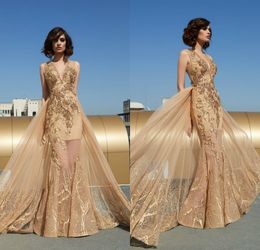 Tony Chaaya 2019 Evening Dresses With Detachable Train Champagne Beaded Mermaid Prom Gowns Lace Sleeveless Deep V Neck Luxury Party Dress