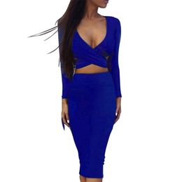 2019 Women's Newest Long sleeved V neck Cross Solid Colour Dress Tight Bandage Styles Vestido Festa