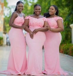 Cheap Pink African Off The Shoulder Mermaid Long Bridesmaid Dresses Mixed Style Lace Flowers Maid Of Honour Dress Wedding Guest Gowns Custom