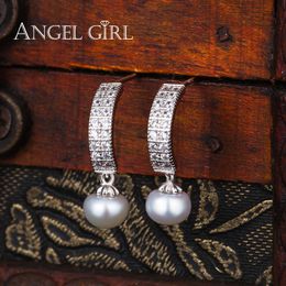 Fashion- Autumn Silver Fine Jewellery 6MM Round White Freshwater Natural Pearl Drop Earrings Elegant For Women E0011-WW-SU