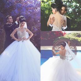 Gorgeous Major Beading Crystals Ball Gown 2020 Wedding Dresses Crew Sheer Neck Sexy Back Puff Tulles Bridal Gowns Arabic