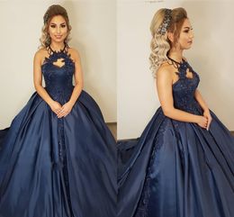 Navy Blue Hlater Prom Dresses Beading Crystal Applique Ruched Satin Ball Gown Sweet 16 Dress Vestidos De Quinceanera Evening Party Dress