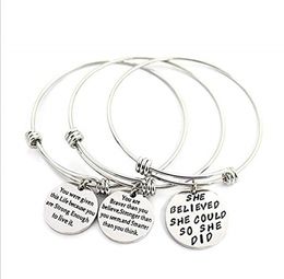 Metal Inspirational Bracelets Engraved Motivational Round Charm Pendant Expandable Adjustable Stainless Steel Bracelets Bangle Best Gift