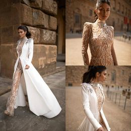 2020 Julie Vino Boho Evening Dresses Jumpsuit With Long Jacket High Collar Lace Beads Prom Dresses A Line Sweep Train Vestidos de Novia 4517