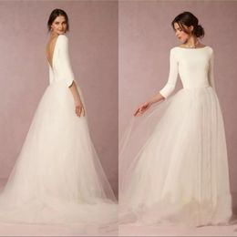 -Vestidos de novia modestos baratos Una línea Top Backless 2019 Vestidos de novia con mangas largas Diseñador simple Falda de tul Tren de barrido
