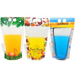 500pcs 500ml Flamingo Fruit pattern Plastic Drink Packaging Bag for Beverage Juice Milk Coffee, with Handle and Holes for Straw SN4415