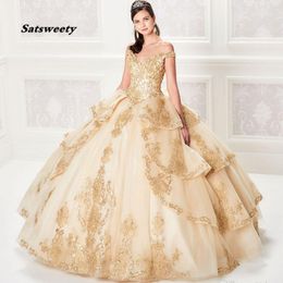 Champagne Ball Gown Quinceanera Dresses Lace Bodice Corset Back Gold Appliqued Sequins Prom Gown Custom Made Bridal Guest Dress