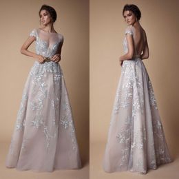 Berta Prom Dresses Capped Short Sleeve Sexy Backless Lace Appliques Formal Evening Gowns Floor Length A Line Party Dress