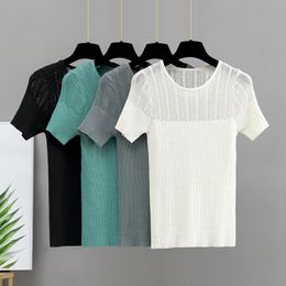 GIGOGOU Hollow Out Summer Women T Shirt Fashion Knitted Short Sleeves Top O Neck Basic Ribbed Female T-shirt