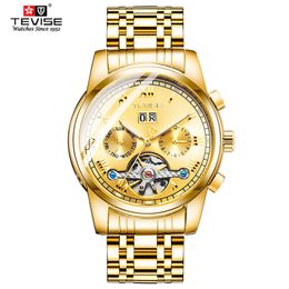 TEVISE Mens Automatic Watches Luxury Stainless steel Tourbillon Moon phase Mechanical Wristwatch Male gifts Relogio Masculino259p