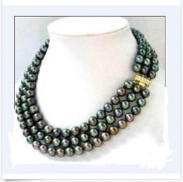 triple strands 8-9mm natural south sea black pearl necklace 18" 14K gold clasp