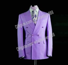Double-Breasted Groomsmen Lavender Groom Tuxedos Peak Lapel Men Suits Wedding Best Man Bridegroom Blazer (Jacket + Pants + Tie) L280