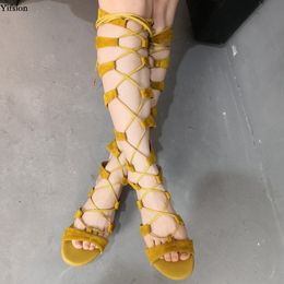 Rontic Sandali gladiatore da donna incrociati piatti con sandali Nice Open Toe Splendide scarpe casual gialle Donna US Plus Size 5-15