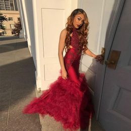 Red Mermaid Prom Dresses high neck 2020 New Beaded Sleeveless Lace Applique Formal Evening Dresses African Black Girl Gowns abendkleider