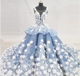 2019 White and Sapphire Blue Scoop Cap Sleeve Ruffles Ball Gown Wedding Dress Pakistani Indian Bridal Wedding Dress with 3D Folwers