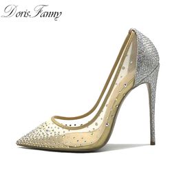 Doris Fanny Sexy shoes woman party Pointed Toe Heels Crystal bling Silver Shoes high heels pumps 12cm Wedding shoes 43 size