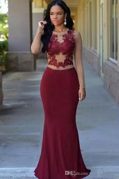 Burgundy Sheer Lace Applique Chiffon 2019 New Evening Dress Arabic Style Long Sleeve Mermaid Dress Prom Party Celebrity Gown