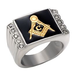 Stainless Steel Three colors Free Mason Masonic signet ring jewelry silver gold two tone plating black oil drip freemasonary items