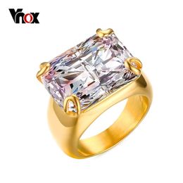 Vnox Luxury CZ Stone Ring for Women Square Zircon Rings Gold-color Stainless Steel