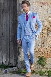 New Style Two Buttons Light Blue Wedding Groom Tuxedos Notch Lapel Groomsmen Men Suits Prom Blazer (Jacket+Pants+Vest+Tie) NO:2003