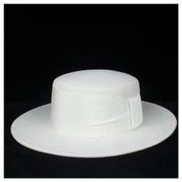 100% Wool Women White Flat Top Hat With White Ribbon Fedora Hat Wide Brim Fascinator Size 56-58CM260E