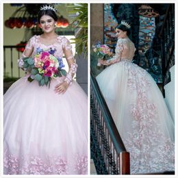 Pink 3D Floral Appliques Quinceanera Prom Dresses Sheer Neck Beaded Long Sleeves Ball Gown Evening Party Sweet 16 Dress ZJ105