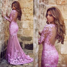 New Charming Crew Neck Lace Sequined Appliques Mermaid Prom Dresses Ruched Tulle Open Back Pink Evening Gowns Sexy Long Sleeve Dresses