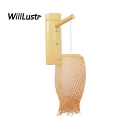 Pastoral Handmade Bamboo Wall Light Chinese Style Lantern Lamp Aisle Staircase Foyer Doorway Corridor Cafe Creative Wood Sconce