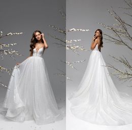 2021 New Wedding Dresses Sexy Spaghetti Straps Backless Bridal Gowns Custom Made Lace Sequins Sweep Train A-Line Wedding Dress