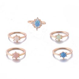 5Pcs/set New Bohemian Pink Blue Green Opal Crystal Flower Ring Set Fashion Romantic Rings for Women Wedding Anniversary Gift