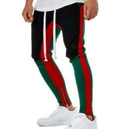 Fashion-4 Colors Zipped Ankle Track Pants Waist Banding Panelled Side Stripe Zip Pockets Color Contrast Retro Trousers Joggers Pants